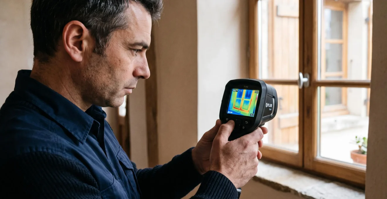 Auditeur énergétique tenant une caméra thermique infrarouge dirigée vers une fenêtre, l'écran affichant un gradient thermique pour mesurer les déperditions