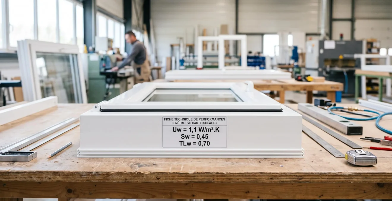 Châssis de fenêtre PVC blanc neuf en atelier avec étiquette technique affichant les coefficients de performance thermique Uw, Sw et TLw en français