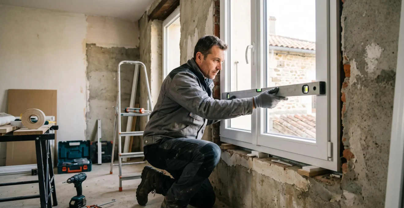 Technicien menuisier ajustant avec un niveau à bulle une fenêtre PVC double vitrage blanche lors de sa pose dans l'ouverture murale d'une maison en rénovation, outils et lumière naturelle visible