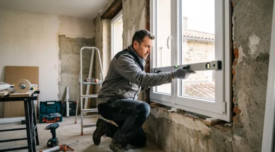 Technicien menuisier ajustant avec un niveau à bulle une fenêtre PVC double vitrage blanche lors de sa pose dans l'ouverture murale d'une maison en rénovation, outils et lumière naturelle visible