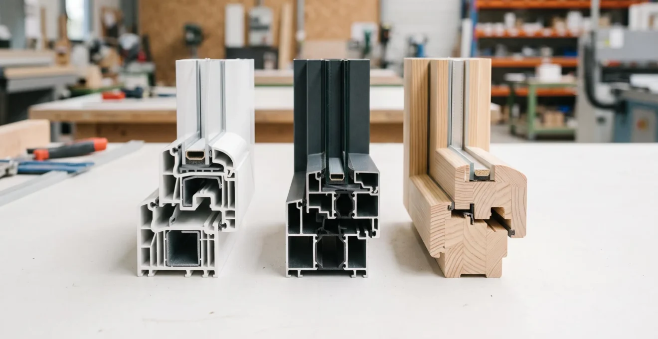 Trois profils de fenêtre en coupe alignés (PVC blanc multi-chambres, aluminium anthracite à rupture thermique, bois lamellé clair) sur surface blanche montrant leurs structures internes respectives